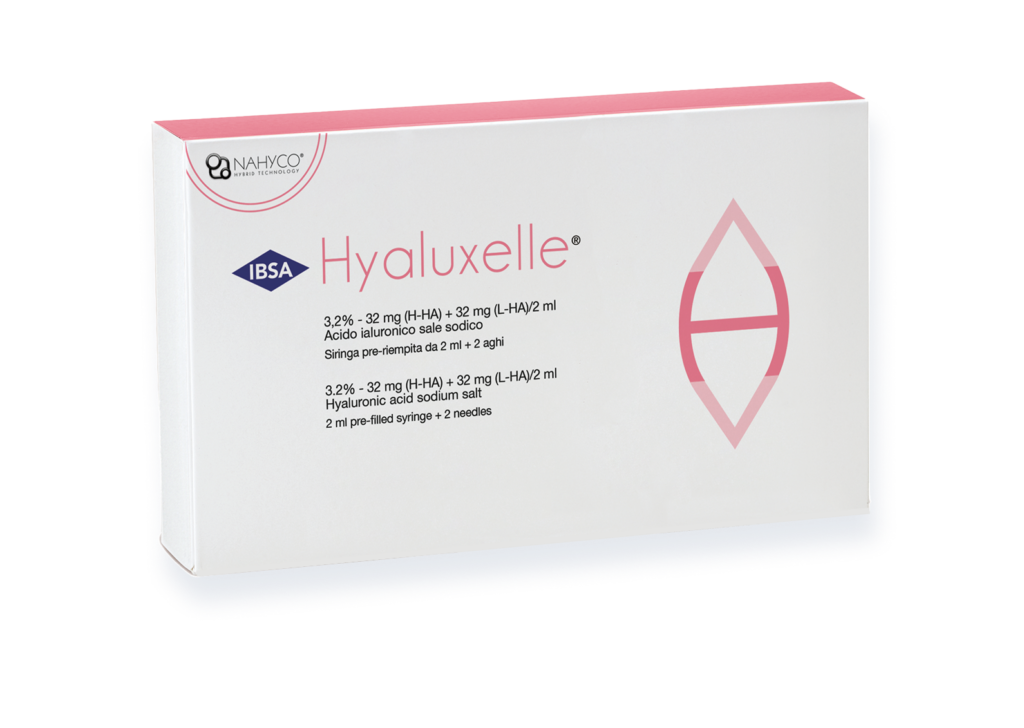 Hyaluxelle pre-filled syringe box by IBSA - Injectable hyaluronic acid solution (3.2%) with NAHYCO Hybrid Technology