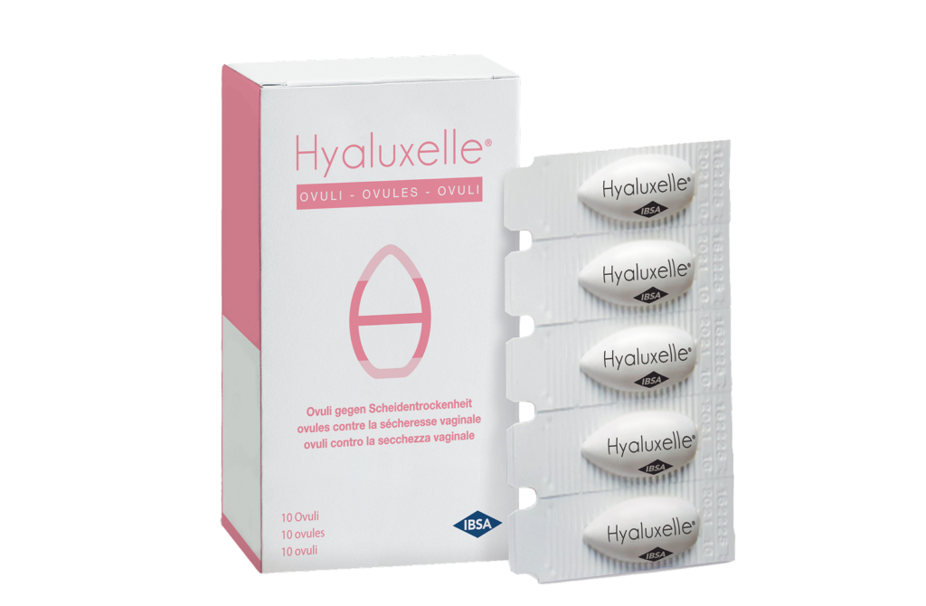 Hyaluxelle box and blister pack by IBSA - Vaginal ovules for the treatment of vaginal dryness