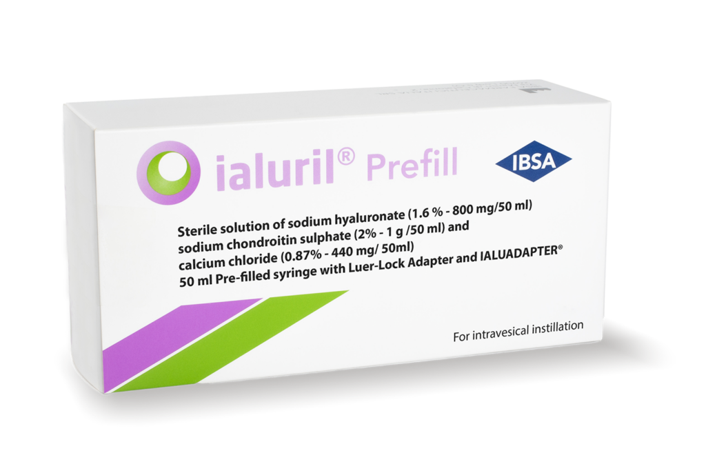 Ialuril Prefill box by IBSA - Sterile solution containing sodium hyaluronate, chondroitin sulphate, and calcium chloride for intravesical instillation