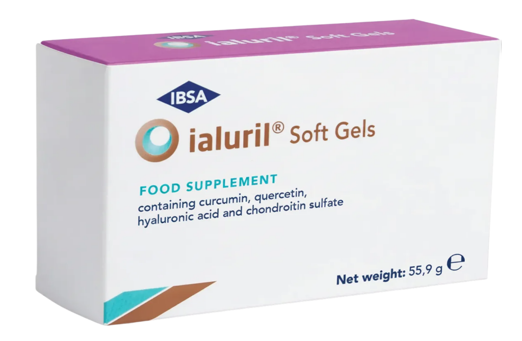 Ialuril Soft Gels box by IBSA - Food supplement containing curcumin, quercetin, hyaluronic acid and chondroitin sulfate