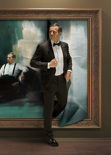 Artistic metaphor of a man in a tuxedo stepping out of a painting frame, symbolizing the recovery of confidence and return to active life