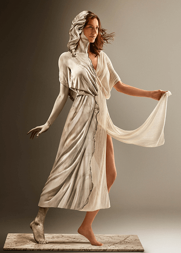 Artistic metaphor of a woman emerging from a marble statue, symbolizing tissue regeneration and the restoration of vitality