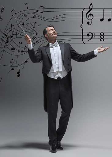 Orchestra conductor directing musical notes, symbolizing the synergy and harmony of therapeutic treatments