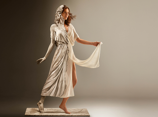 Artistic metaphor of a woman emerging from a marble statue, symbolizing tissue regeneration and the restoration of vitality