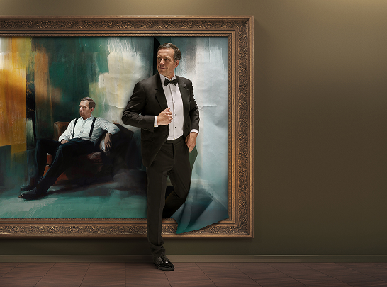 Artistic metaphor of a man in a tuxedo stepping out of a painting frame, symbolizing the recovery of confidence and return to active life